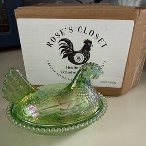 Rose’s Closet carnival green hen on nest with box